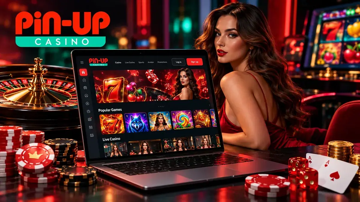 Noutbukda Pin Up Casino lobbisi: slotlar və rulet, yanında qırmızı donlu qadın
